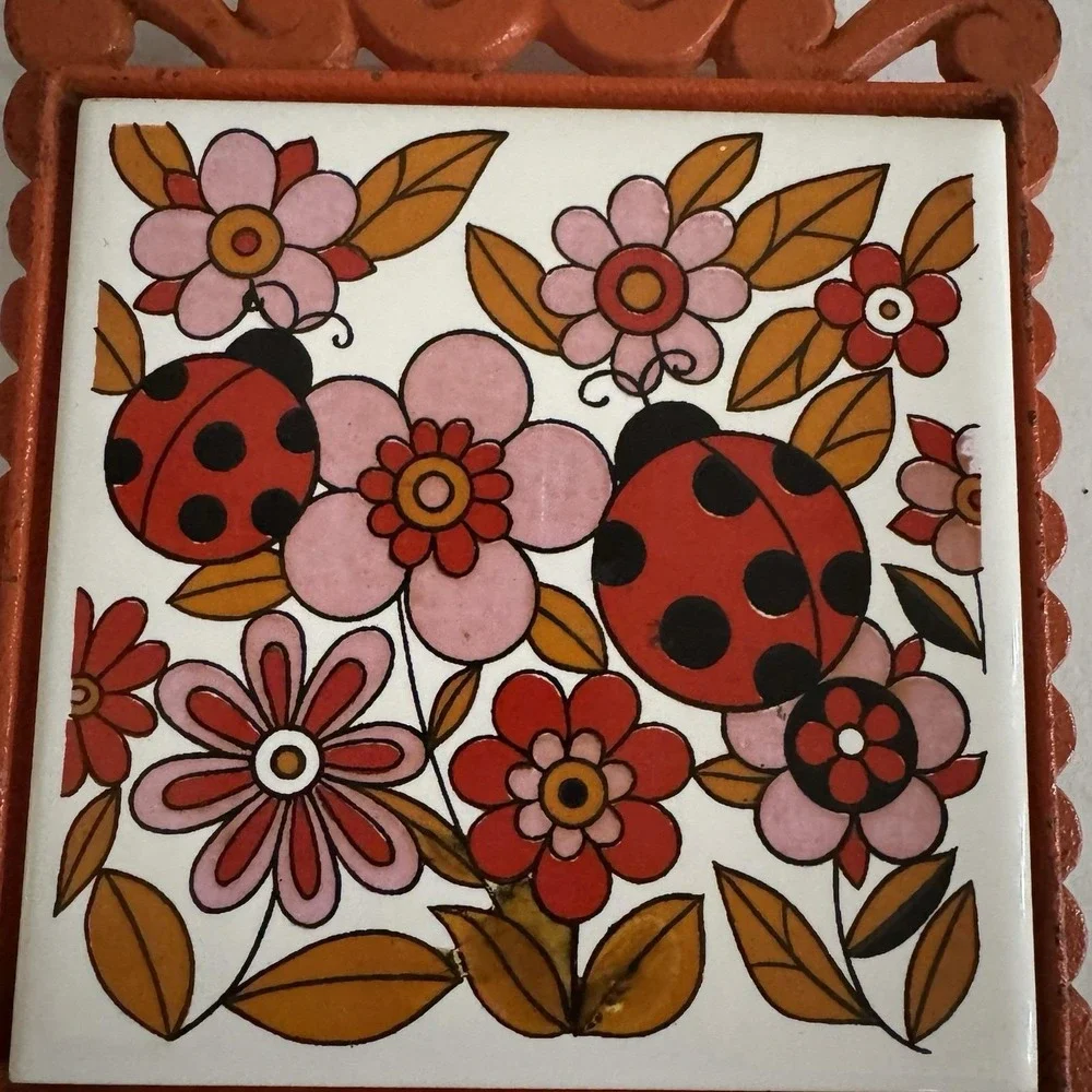Pair Vtg 70s Ceramic Tile Cast Iron Trivet Green Orange Ladybugs Flowers Japan